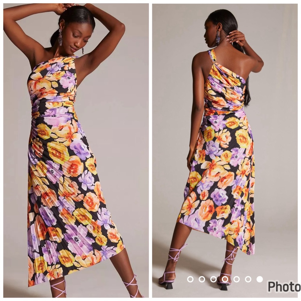 Anthropologie Geisha Designs‎ Asymmetrical Pleated One Shoulder Dress Floral S